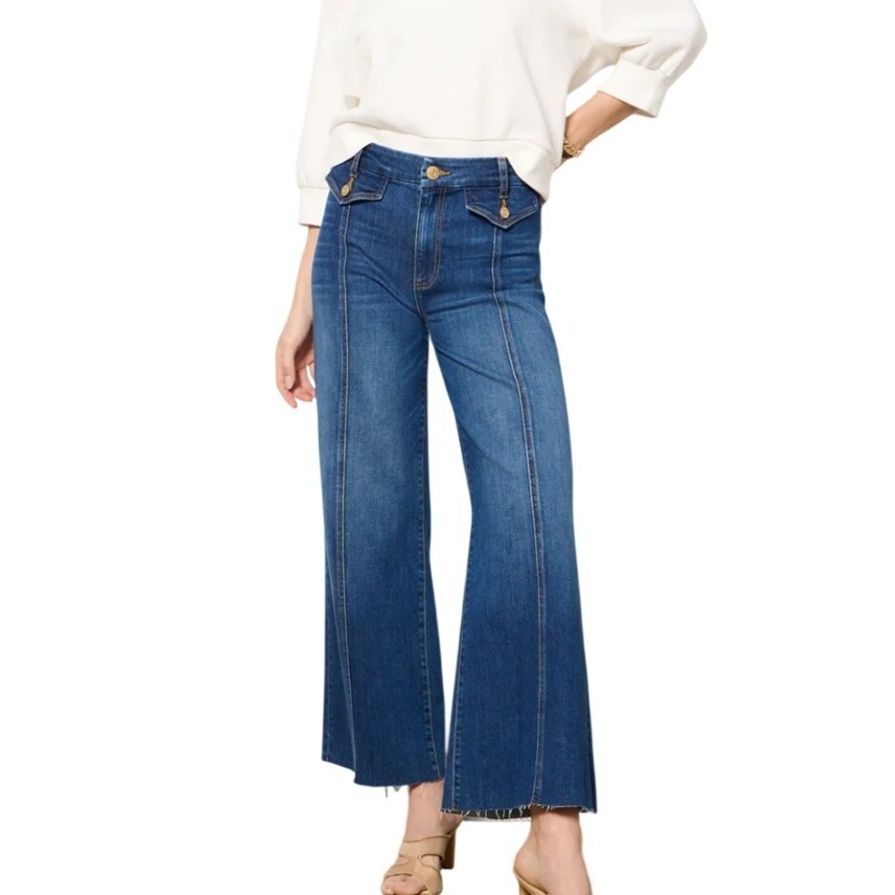 Kut From The Kloth Meg Wide Leg Jeans Womens 12 Blue High Rise Seamed Raw Hem